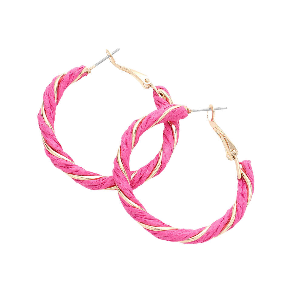 Pink 2 Twisted Raffia Hoop Earrings, turn your ears into a chic fashion statement with these raffia hoop earrings! These raffia earrings are very lightweight and comfortable, you can wear these for a long time on occasion. The beautifully crafted design adds a gorgeous glow to any outfit. 