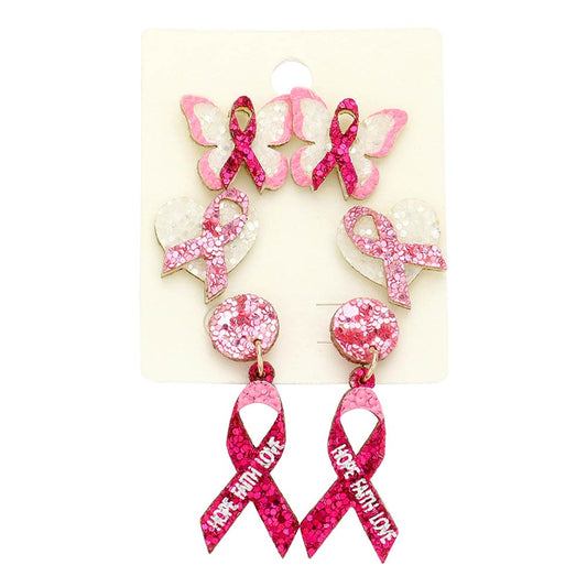 Pink 3Pairs Glittered Butterfly Heart Pink Ribbon Earrings, are fun handcrafted jewelry that fits your lifestyle, adding a pop of pretty color. It can play a special role in breast cancer awareness. Great gift idea for your Wife, Mom, your Loving one, or any flower lover or family member.