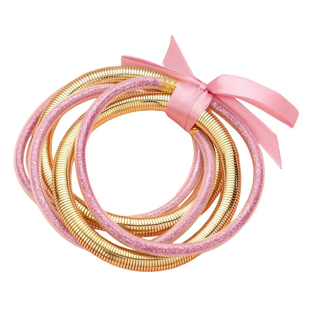 Pink 5PCS Glitter Jelly Tube Metal Elastic Layered Bracelets made with high-quality materials. The elastic design ensures a comfortable fit for all wrist sizes. 