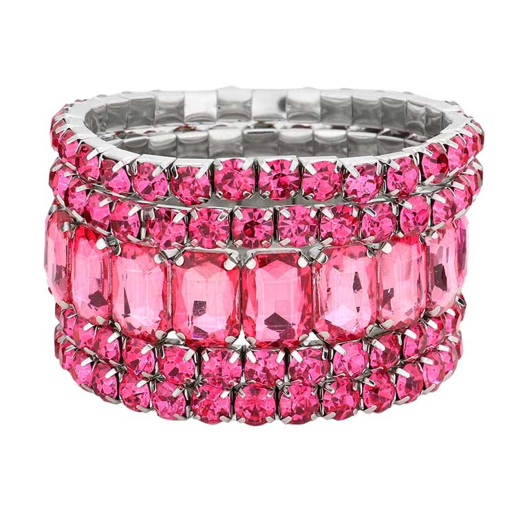 Pink 5PCS Rectangle Round Stone Stretch Multi Layered Bracelets, Add this 5 piece multi layered bracelet to light up any outfit, feel absolutely flawless. perfectly lightweight for all-day wear, coordinate with any ensemble from business casual to everyday wear, put on a pop of color to complete your ensemble. Awesome gift idea for birthday, Anniversary, Valentine’s Day or any special occasion.