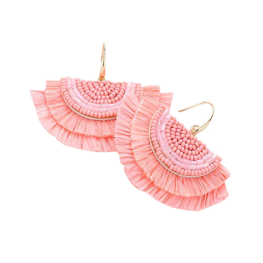 Pink Bead Embellished Raffia Fringe Dangle Earrings, adorn yourself with these Raffia fringe dangle earrings! Enhance your attire with these vibrant artisanal earrings to show off your fun trendsetting style. 