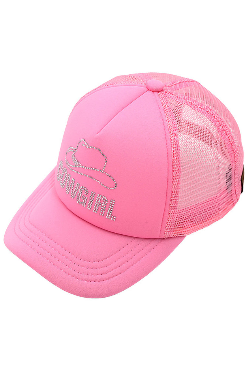 Pink  C.C COW GIRL Rhinestone Trucker Cap features a stylish design and durable construction. With its rhinestone embellishments, this cap adds a touch of sparkle to any outfit. Stay cool and protected from the sun with its trucker-style mesh back. Perfect for any cowgirl or fashionista in need of a chic accessory.