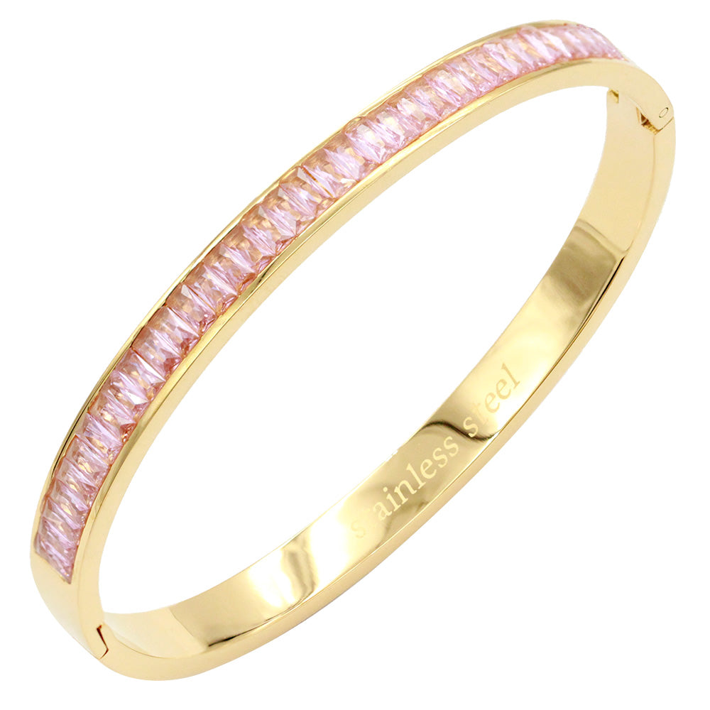 Pink CZ Baguette Stone Cluster Stainless Steel Evening Bracelet is a stunning addition to any evening ensemble. Crafted from durable stainless steel, it features a cluster of dazzling CZ baguette stones that add a touch of glamour. Elevate your look with this elegant and timeless bracelet.
