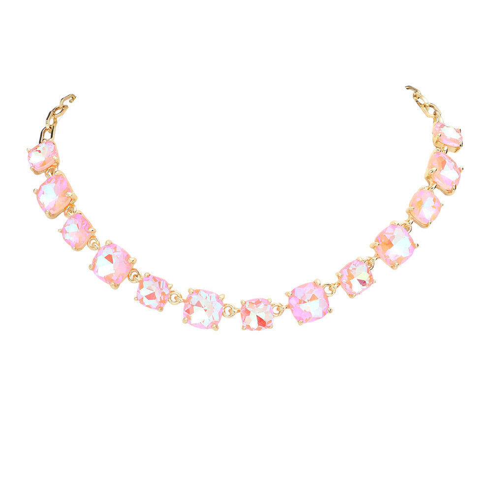 Pink Cushion Square Stone Link Evening Necklace, is the perfect accessory for any occasion. Crafted with attention to detail, this evening necklace will add a touch of glamour to any attire. Perfect Birthday Gift, Mother's Day Gift, Anniversary Gift, Christmas Gift, Valentine's Day Gift, Wedding Party.