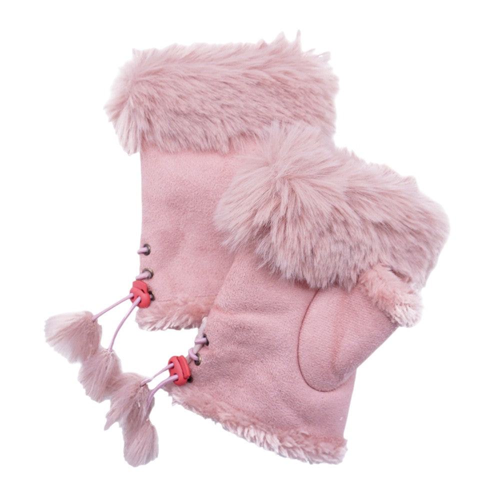 Faux Fur Trim Fingerless Gloves - Pink - Gloves