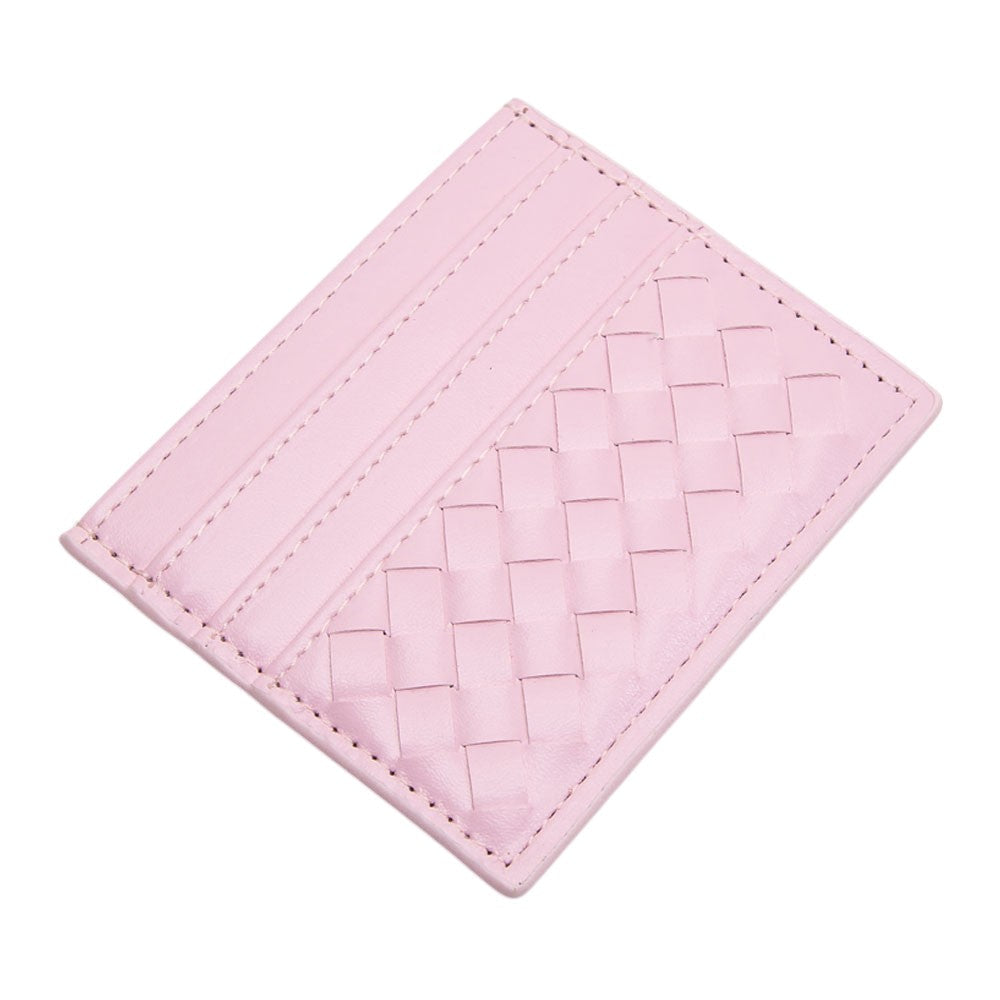 Pink Faux Leather Basket Weave Card Holder Wallet boasts a stylish basket weave design. Made from durable materials, it can securely hold multiple cards and cash while keeping a slim profile. Perfect for those looking for a sophisticated and functional accessory.