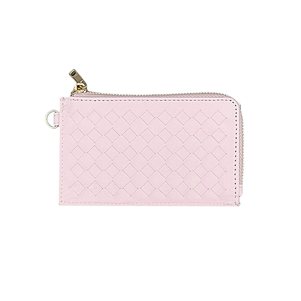 Faux Leather Basket Weave Flat Card Holder Wallet with Wristlet - Light Pink - Wallets