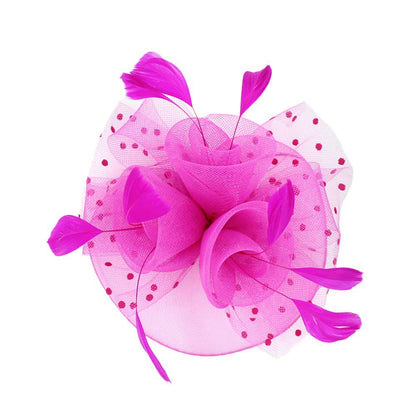 Pink Feather Mesh Flower Fascinator Headband, Accentuate your look with this. Crafted with mesh and feathers, this headband brings an elegant touch to any outfit. The unique flower shape gives it a timeless and classic look. Perfect for gifting, any occasion, or everyday wear.