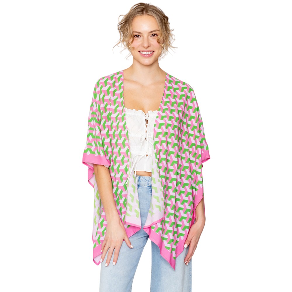 Pink Geometric Pattern Print Ruana Poncho is a must-have addition to your wardrobe. Crafted with a unique geometric pattern, this poncho adds a touch of modern style to any outfit. Made with high-quality materials, it provides both comfort and durability. Perfect for any occasion, this versatile piece is a statement piece you won't miss out on. 