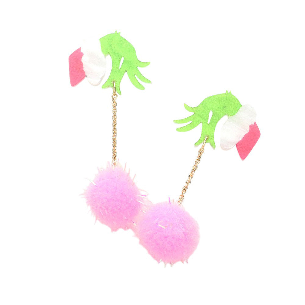 Pink-Glittered Resin Grinch Hand Pom Pom Dropdown Earrings are the perfect statement piece for any holiday outfit. Made from high-quality resin and adorned with glitter, these earrings add just the right amount of sparkle. The unique Grinch hand design adds a touch of whimsy, making them a must-have for any Grinch lover.