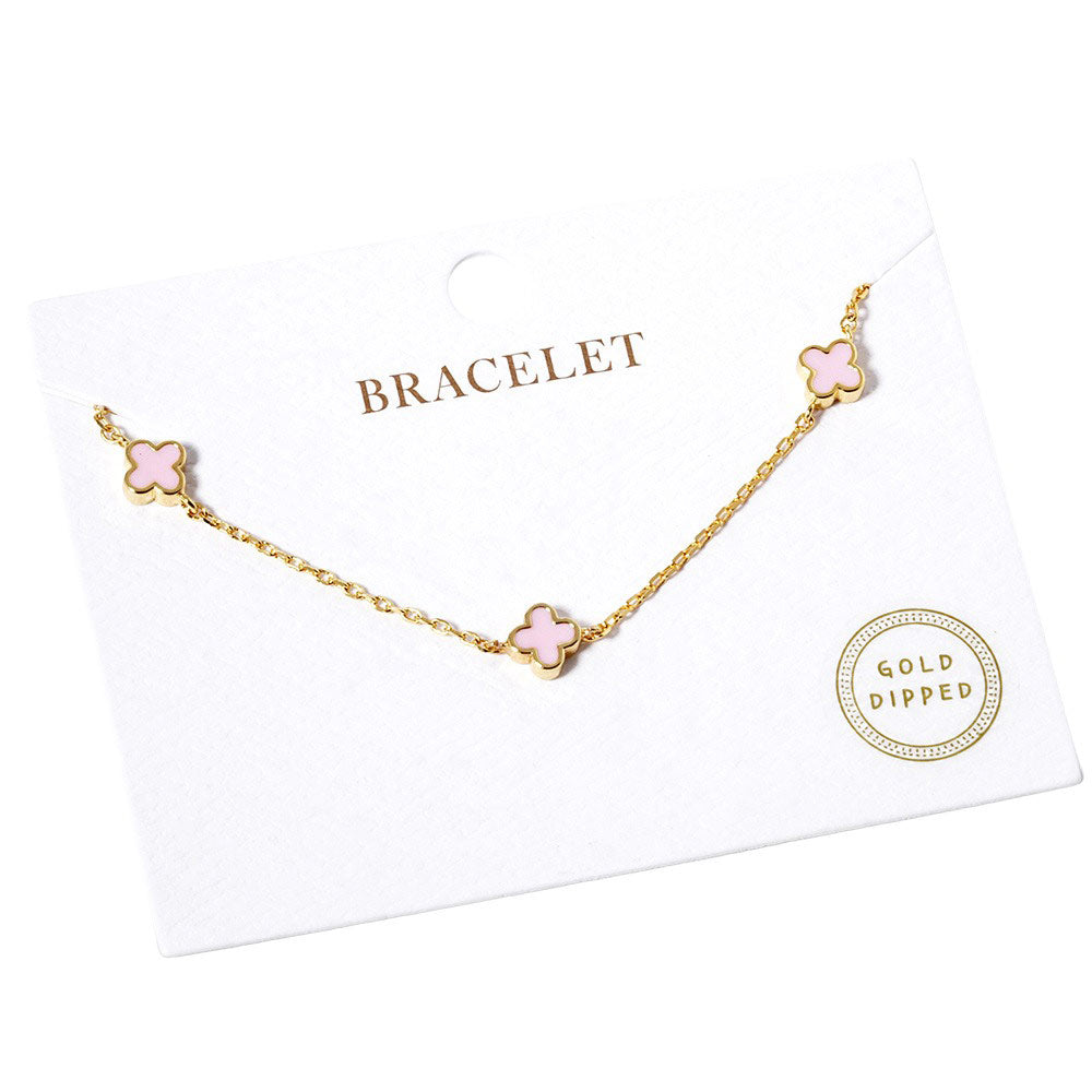 Pink Gold Dipped Triple Quatrefoil Link Bracelet, is the perfect accessory for any outfit. Crafted using gold-dipped materials, it is lightweight, durable, and will not tarnish. A triple Quatrefoil Link design adds interest and style to any look. This beautiful bracelet can be a nice gift to your loved ones on any occasion.