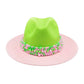 Pink Green Pearl Embellished Band Pointed Color Block Fedora Hat is a stylish and sophisticated addition to your wardrobe. Made with a pointed crown and a color block design, it exudes a chic vibe. The pearl-embellished band adds a touch of elegance, making it a perfect accessory for any occasion.