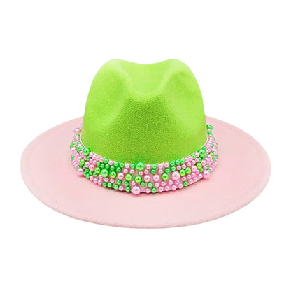 Pearl Embellished Band Pointed Color Block Fedora Hat - Pink Green - Fedora Hat
