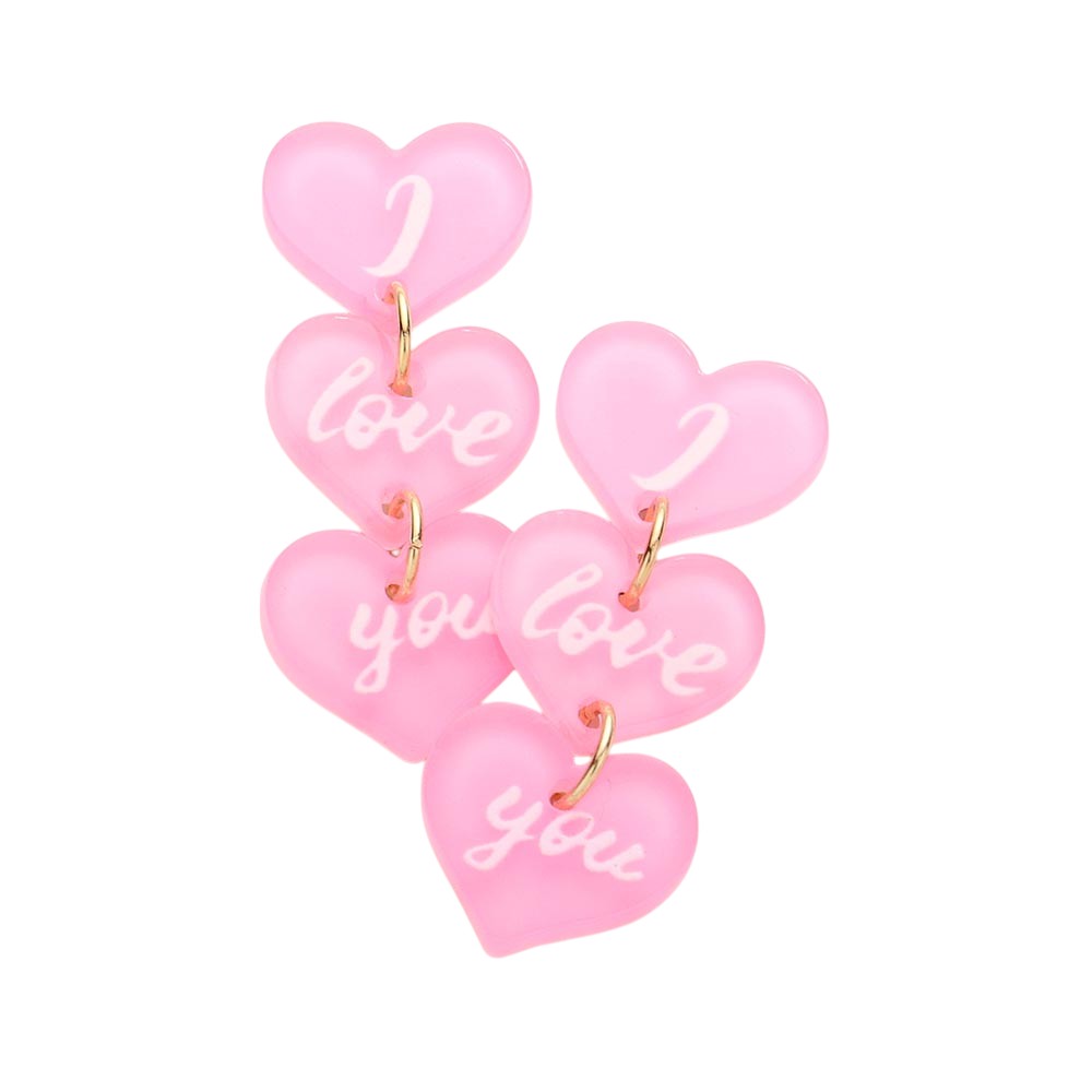 Pink I love you. Message Triple Resin Heart Link Dangle Earrings are the perfect way to express your love. The triple heart design is made of high-quality resin for durability and features a meaningful message. With their elegant dangle style, these earrings will make a heartfelt statement while also adding a touch of glamour to any outfit.