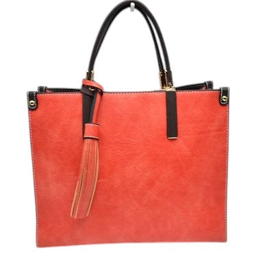 Pink Large Shoulder Vegan Leather Tassel Handbag For Women. High quality Vegan Leather is a luxurious and durable, Stay organized in style with this square-shaped shopper tote bag that is fully two contrasting interior and exterior solid colors. This vegan leather handbag includes an on-trend removable tassel embellishment. Guaranteed, This will be your go-to handbag. 