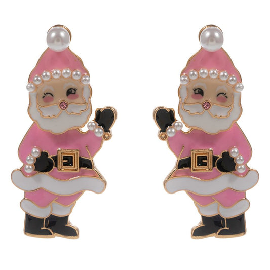 Bring playful cheer to your look with these festive winking Santa earrings, complete with pearl accents and bright details. A whimsical holiday accessory perfect for parties, gifting, or spreading seasonal joy.