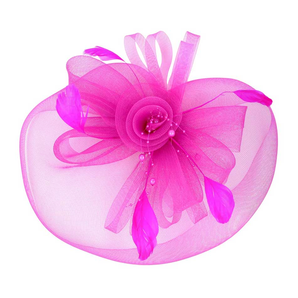 Pink Pearl Feather Mesh Flower Fascinator Headband, this accessory adds romance to any look. Made with delicate mesh and detailed with a feather flower and pearl accents, it is sure to become your go-to accessory for special occasions or any event. Perfect gift for birthdays, anniversaries, or any other significant day. 