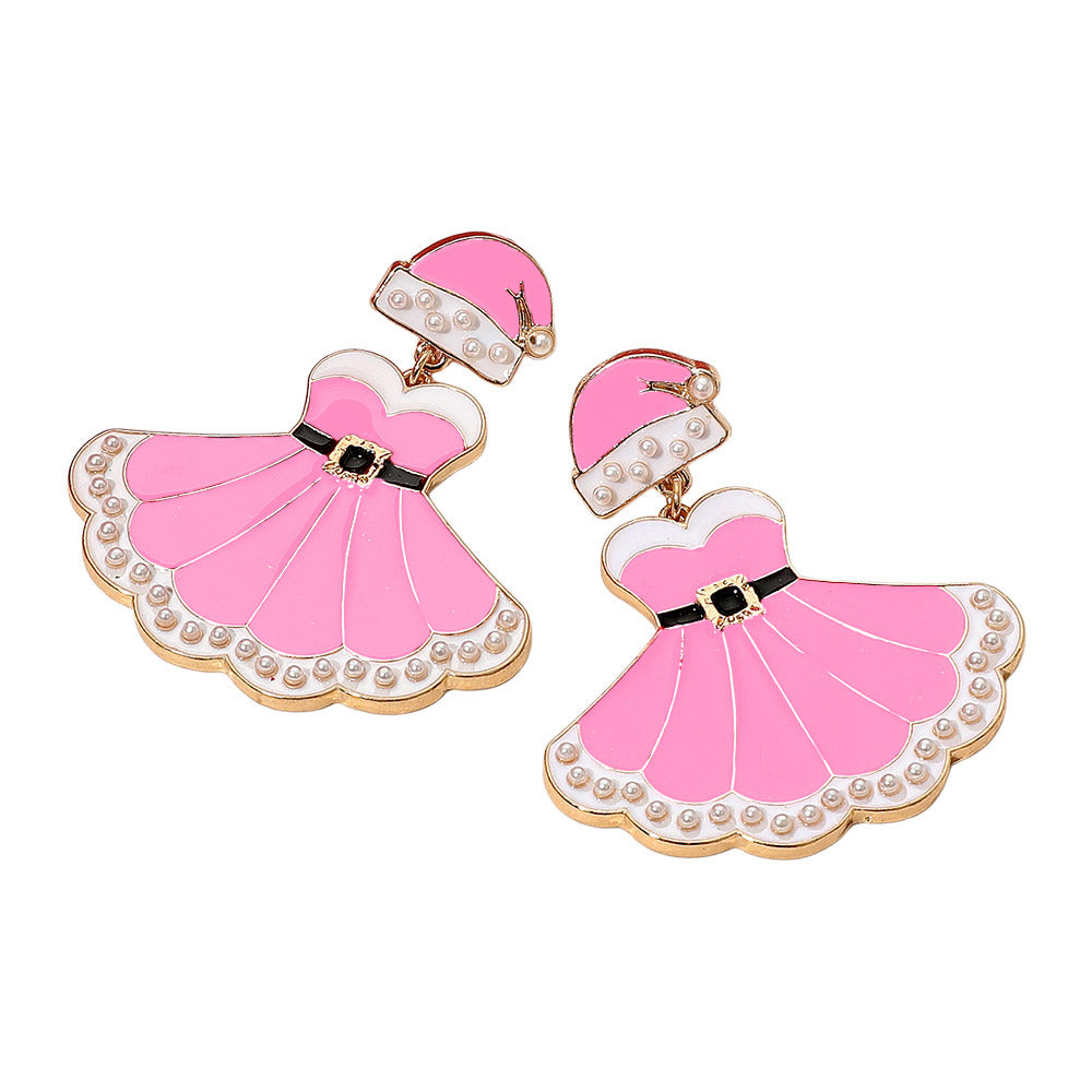 Whimsical holiday earrings featuring glittery dress and hat designs with pearl accents. Perfect for festive events and parties. Crafted from alloy, acrylic, and enamel for a playful seasonal accessory.