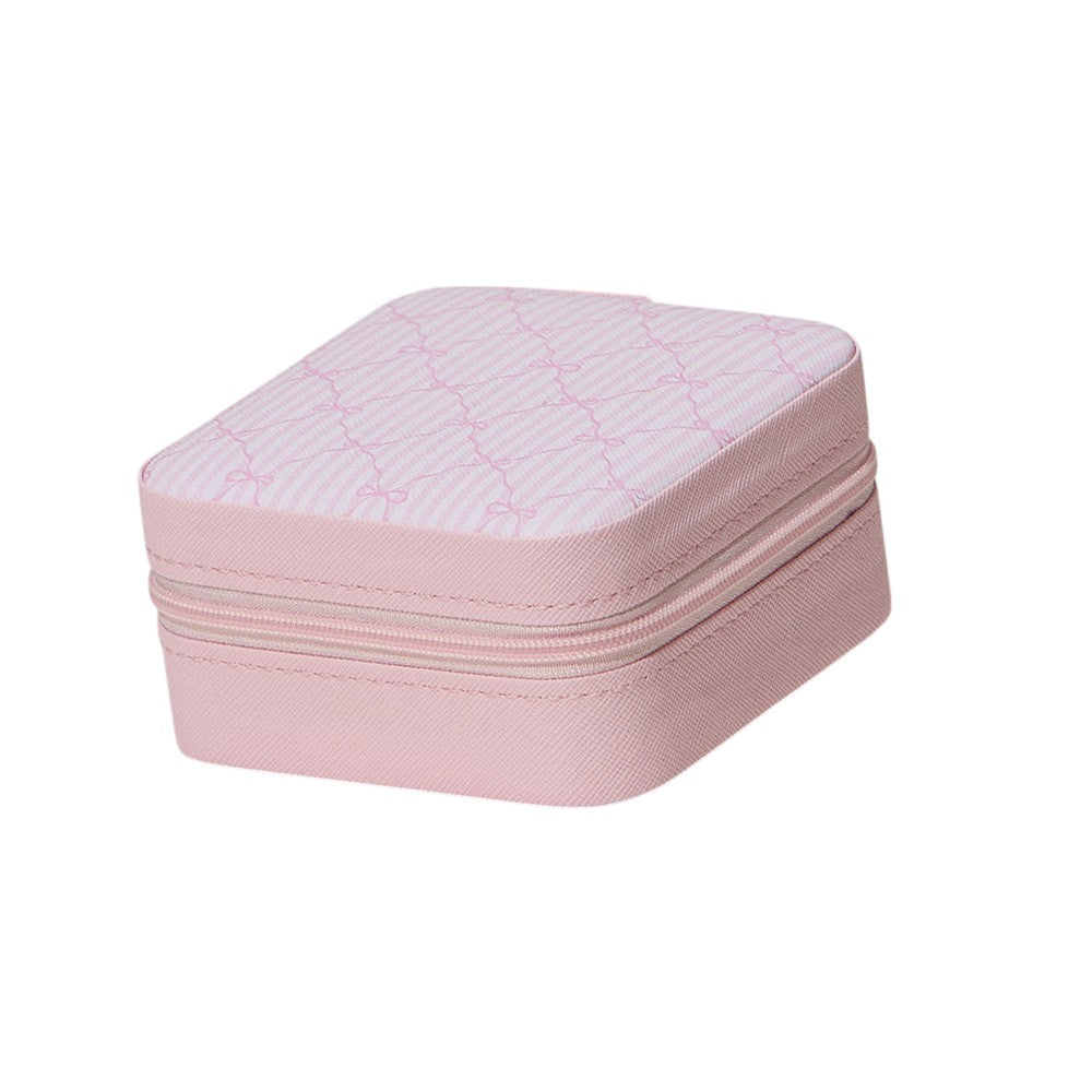 Pink  Pink Bow Pattern Portable Square Jewelry Box is perfect for storing and organising your precious jewellery. The elegant pink bow pattern adds a touch of style, making it a great addition to your dressing table or as a gift. Its compact size makes it ideal for travelling.