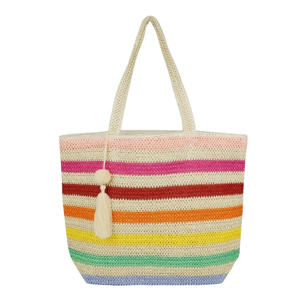 Pink Pom Pom Tassel Multi Color Striped Straw Crochet Tote Bag is a stylish and versatile accessory. Made with durable straw and adorned with playful pom poms and tassels, it adds a touch of fun to any outfit. Perfect for carrying essentials on a day out, it's also a great beach or picnic bag.