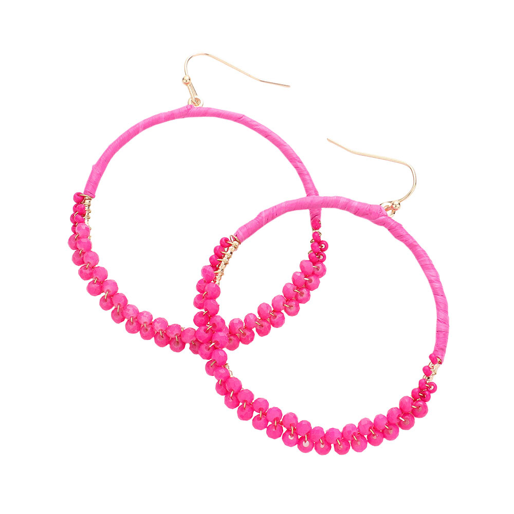 Pink Raffia Faceted Bead Wrapped Open Metal Circle Earrings, turn your ears into a chic fashion statement with these raffia faceted bead earrings! These open metal circle earrings are very lightweight and comfortable, you can wear these for a long time on occasion. The beautifully crafted design adds a gorgeous glow to any outfit.
