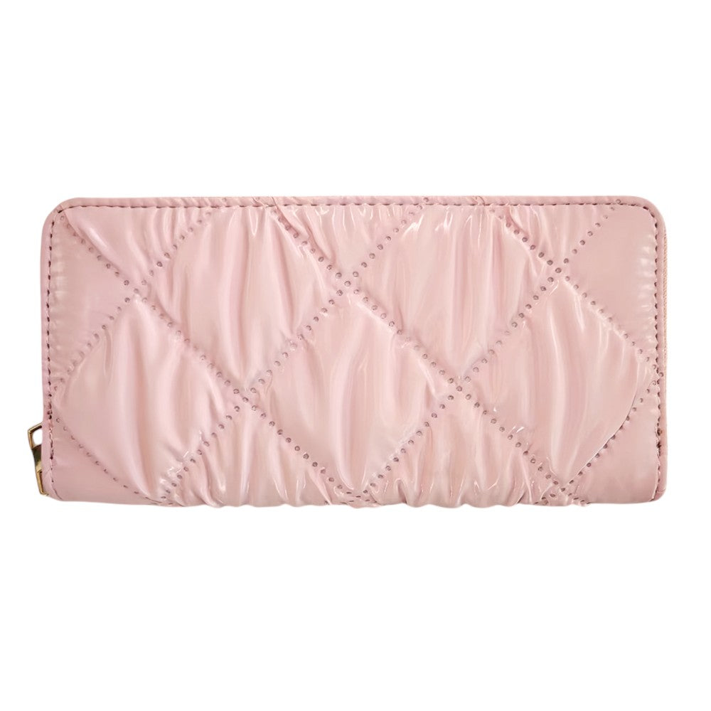 Pink Shiny Faux Leather Padded Wallet with Wristlet offers a sleek and stylish solution for storing your essentials. Its shiny faux leather material adds a touch of sophistication, while the padded design keeps your valuables safe. The attached wristlet also provides convenience and hands-free carrying. 