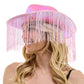 Pink Shiny Western Cowboy Hat with Fringe is the perfect accessory for any Western-themed event. Made with high-quality materials, this hat features a classic cowboy design with a touch of modern shine. Stay on trend and make a statement with this stylish and durable hat.