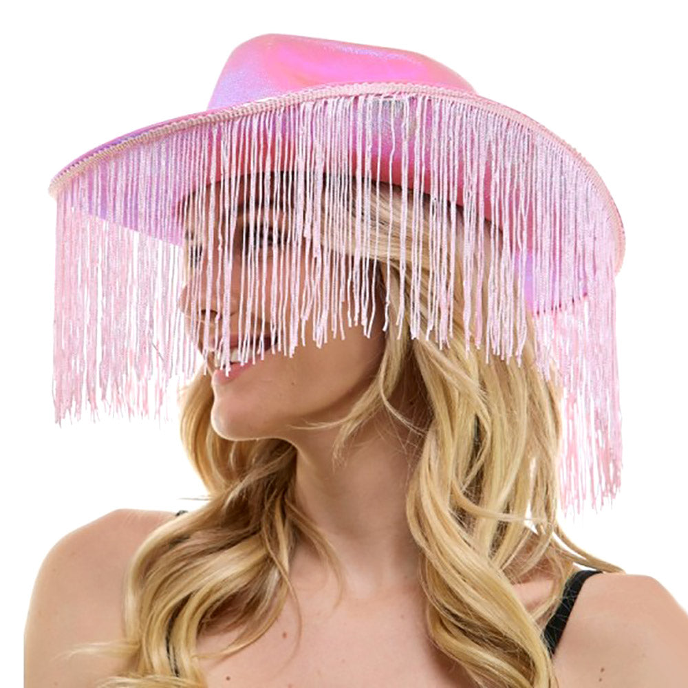 Pink Shiny Western Cowboy Hat with Fringe is the perfect accessory for any Western-themed event. Made with high-quality materials, this hat features a classic cowboy design with a touch of modern shine. Stay on trend and make a statement with this stylish and durable hat.