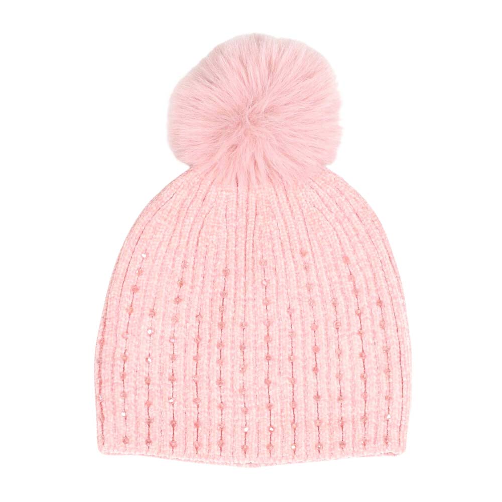 Pink Stone Embellished Chenille Pom Pom Beanie Hat, wear this beautiful beanie hat with any ensemble for the perfect finish before running out the door into the cool air. An awesome winter gift accessory and the perfect gift item for Birthdays, Christmas, Stocking stuffers, holidays, anniversaries, Valentine's Day, etc.
