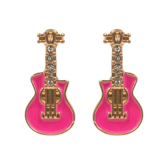 Pink-Stone Paved Enamel Guitar Stud Earrings, A stylish and unique addition to any jewelry collection. With a delicate design and expert craftsmanship, these earrings offer a sophisticated touch to any outfit. Made with high-quality materials, they are durable and long-lasting and perfect gift for your friends and lovers
