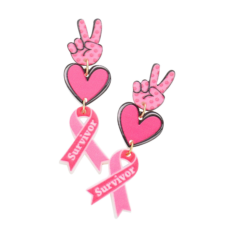 Support Breast Cancer Awareness with these meaningful Survivor Message Pink Ribbon Earrings. Featuring a cute peace sign heart and a memorable phrase, these earrings make for an inspiring reminder of hope and strength.