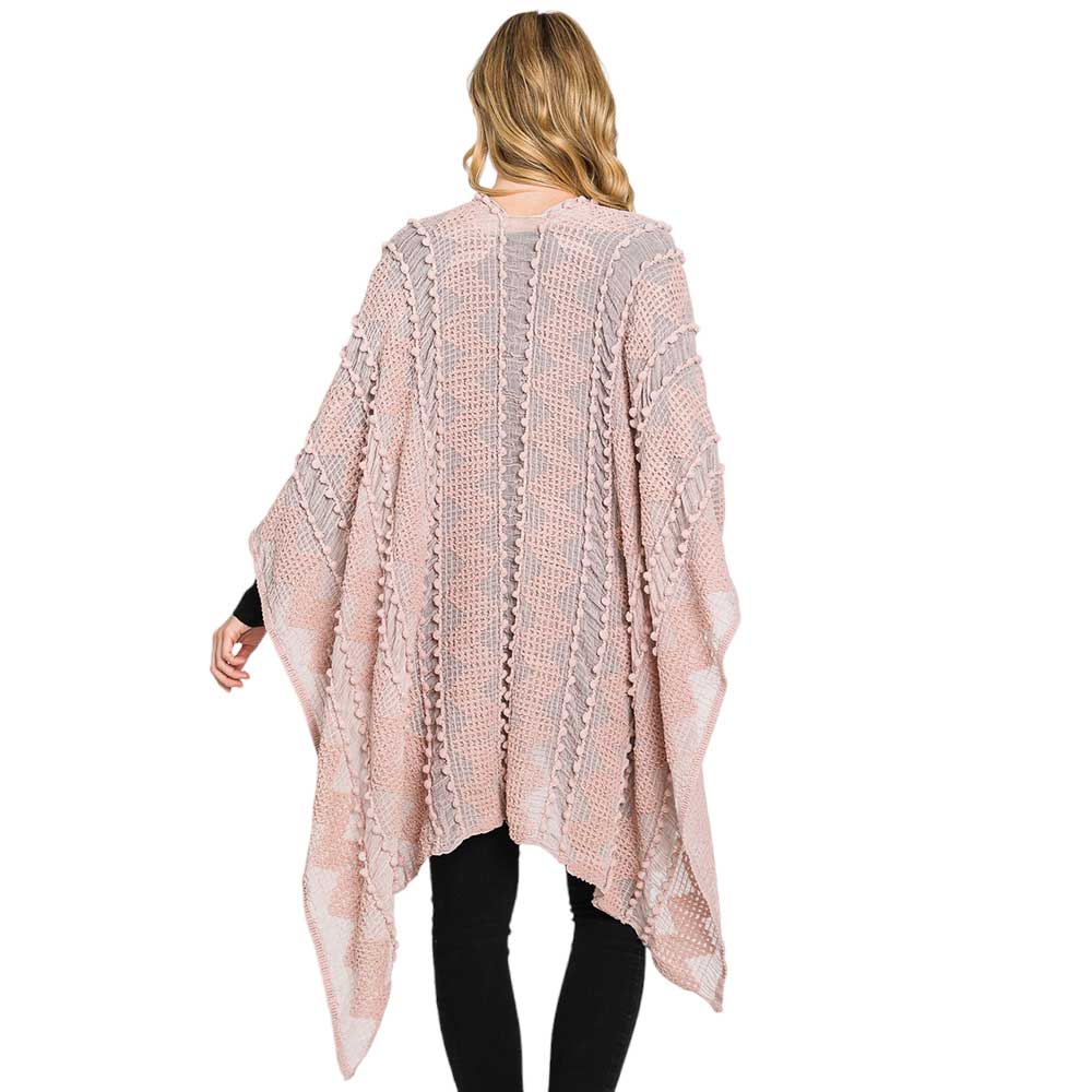 Pink Tiny Pom Pom Embellished Crochet Ruana Poncho, with the latest trend in ladies' outfit cover-up! the high-quality knit poncho is soft, comfortable, and warm but lightweight. It's perfect for your daily, casual, party, evening, vacation, and other special events outfits. A fantastic gift for your friends or family.