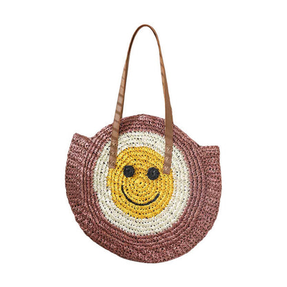 Pink Smile Pointed Color Block Straw Round Shoulder Bag is versatile enough for wearing through the week, simple and leisurely, elegant and fashionable, suitable for women of all ages, and ultra-lightweight to carry around all day. Perfect for traveling, beach, dating, and other daily outdoor activities. Birthday Gift