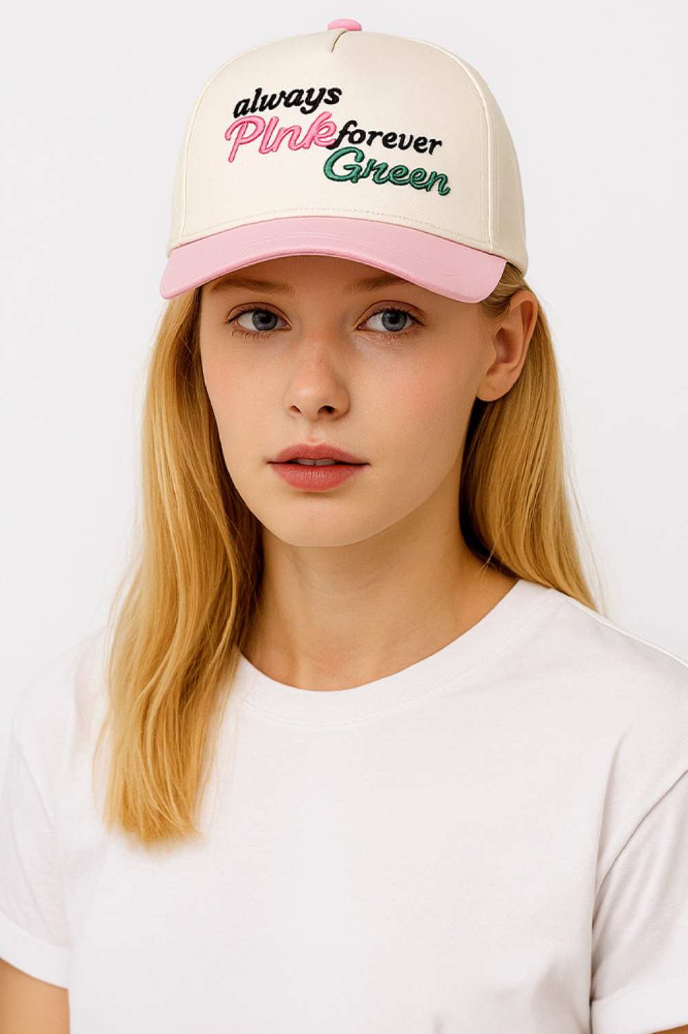 Pink Classic baseball cap featuring embroidered "ALWAYS PINK GREEN FOREVER" lettering across the front. Crafted from 100% cotton for breathability and comfort throughout the day. One size fits most with an adjustable closure for a personalized fit. Perfect for casual wear, outdoor activities, or adding a statement touch to any outfit. Lightweight and durable construction makes it an everyday essential.