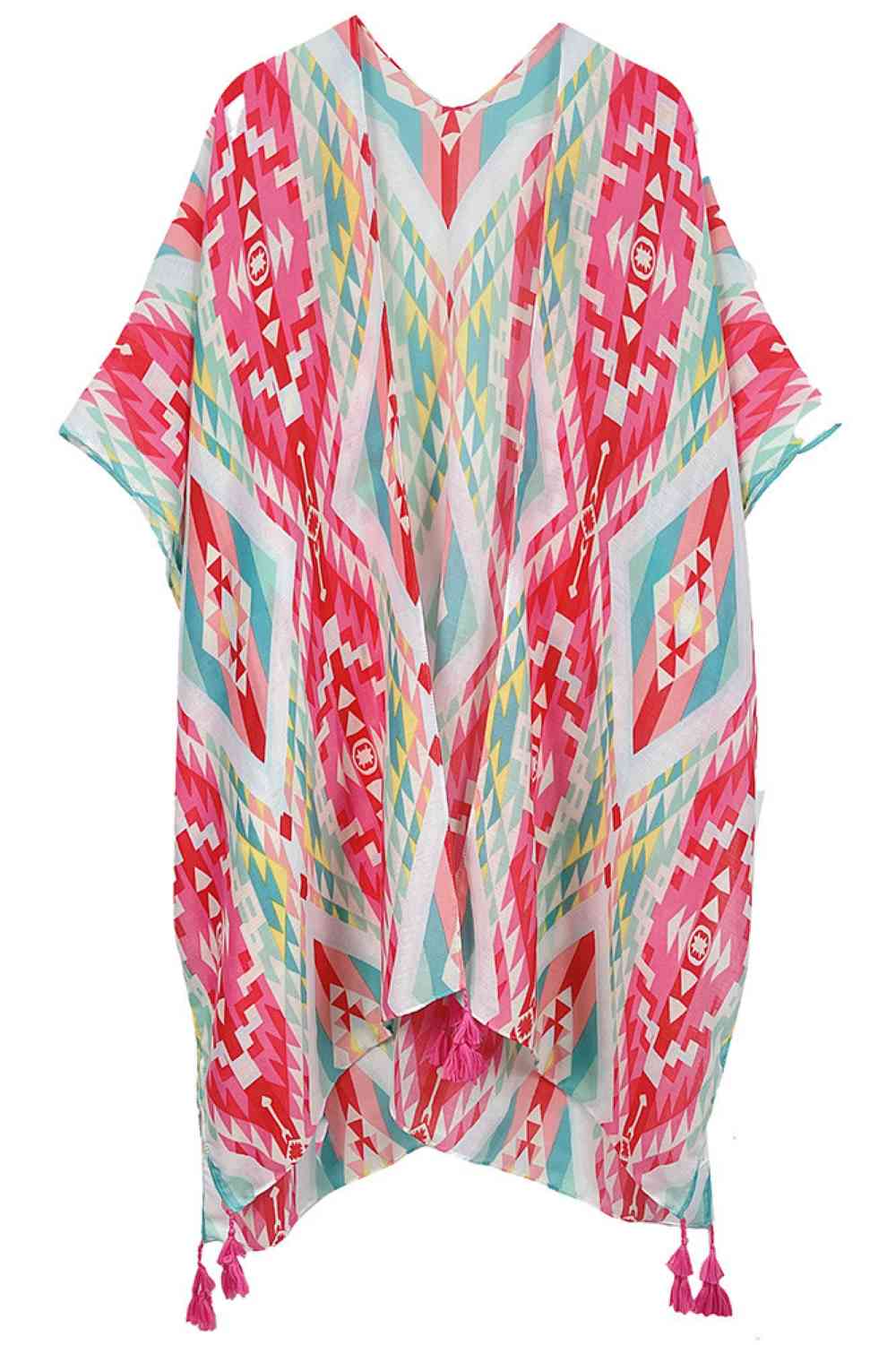 Pink Embrace bohemian style with this striking Aztec Pattern Print Tassel Kimono. Crafted from lightweight 100% polyester, this versatile piece features bold geometric patterns inspired by traditional Aztec designs, complete with decorative tassels for added flair. Perfect for layering over dresses, swimwear, or casual outfits, it offers effortless coverage and movement. With generous dimensions of 35.4" x 35.4", it drapes beautifully on most body types. Ideal for beach days, festivals, or relaxed everyday 