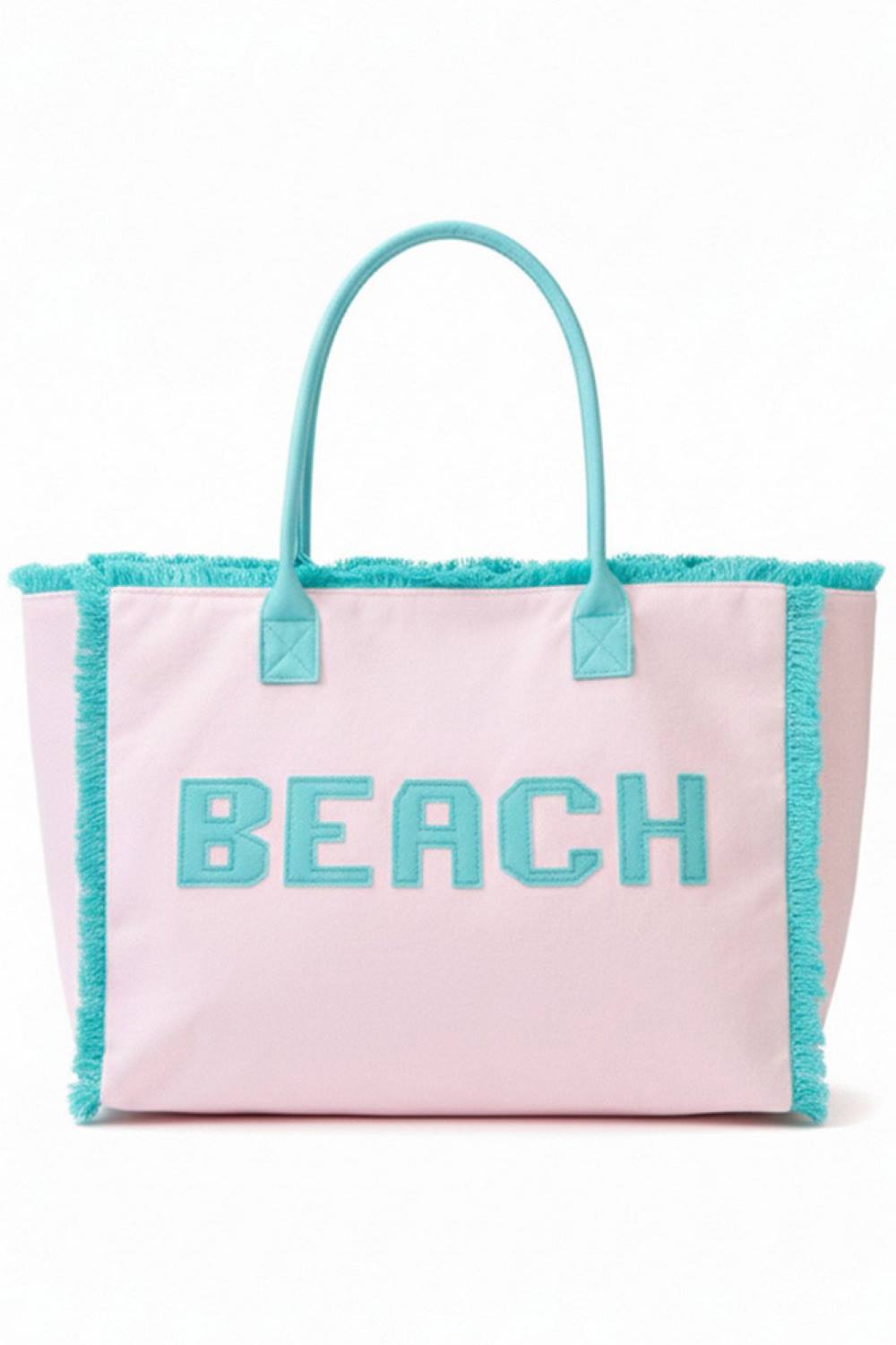 Pink Carry your beach essentials in style with this spacious summer tote bag. Featuring a bold "BEACH" letter design with trendy frayed edge trim, it's the perfect companion for days by the water. Made from durable 100% polyester, this bag measures 17.5" x 13.5" x 5" and offers plenty of room for towels, sunscreen, and more. The secure zipper closure keeps your belongings safe, while the convenient inner pocket provides extra organization. Whether you're heading to the shore or running errands around town, 