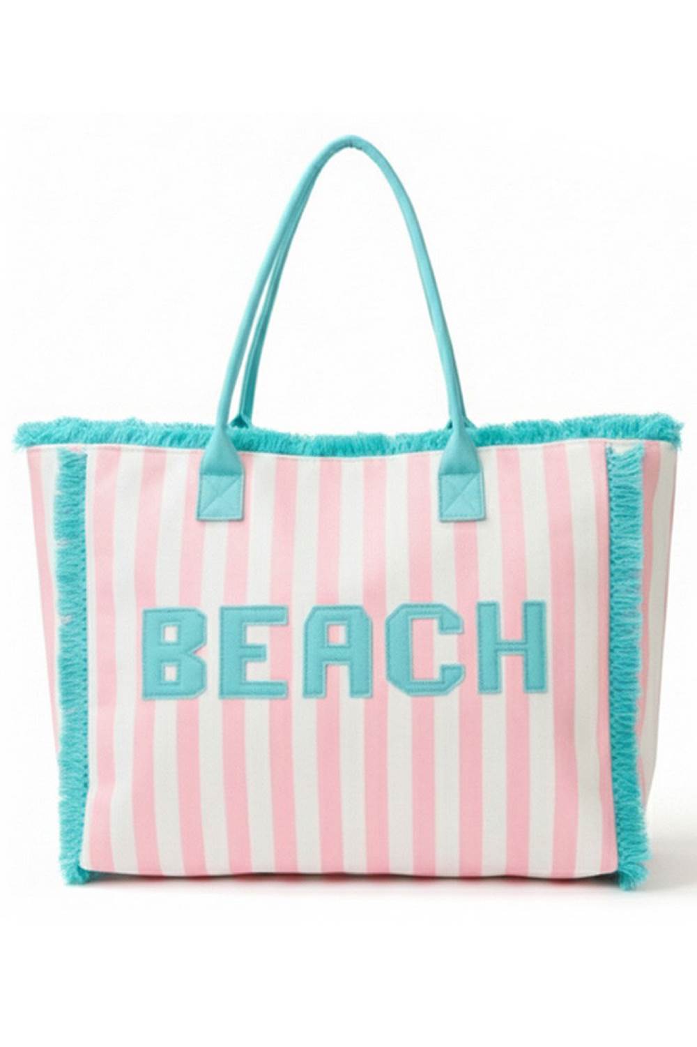Pink Carry your beach essentials in style with this vibrant summer tote bag. Featuring a bold "BEACH" letter design paired with classic striped patterns and a playful frayed edge trim, it's the perfect companion for days by the water. Crafted from durable 100% polyester, this spacious bag measures 17.5" x 15" x 5" and includes a secure zipper closure and convenient inner pocket for keeping valuables organized. Whether you're heading to the shore or running errands around town, this versatile tote combines f