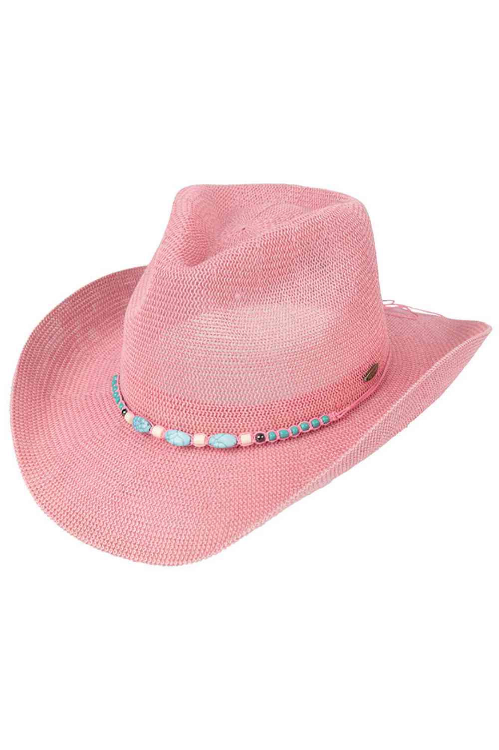 Pink Elevate your western style with this striking C.C Cowboy Hat, featuring a beautiful turquoise stone accent and decorative beaded string band. Crafted from a breathable blend of 60% paper and 40% polyester, this one-size hat offers comfort and durability for all-day wear. The knitted construction provides a soft, flexible fit with a generous 22.6" circumference. The 3.5" brim shields from the sun while the 4.5" crown delivers that classic cowboy silhouette. Perfect for festivals, ranch days, or adding a