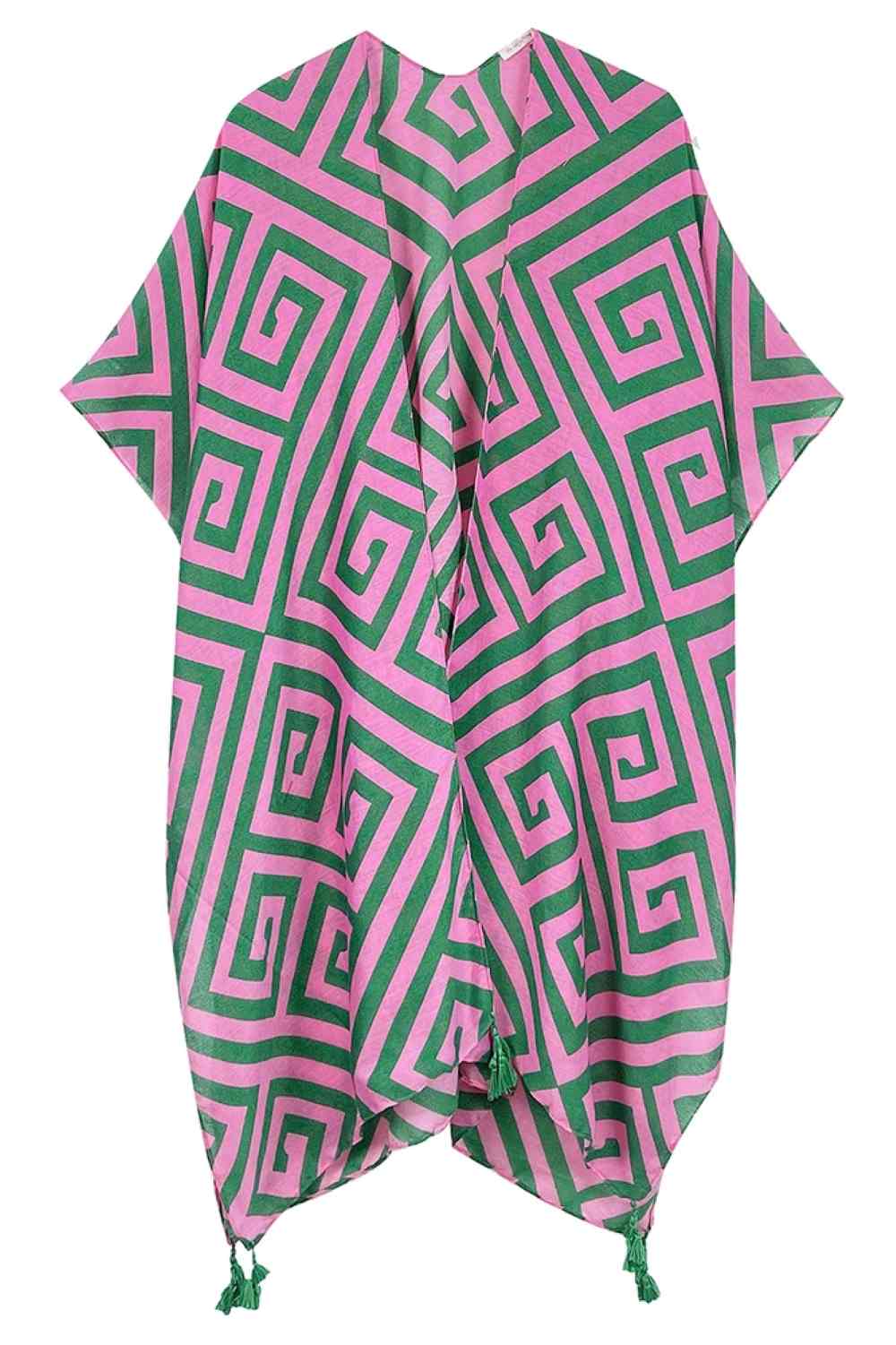 Pink Elevate your wardrobe with this stunning Geometric Pattern Print Tassel Kimono. Crafted from 100% polyester, this lightweight piece features a bold geometric design and decorative tassels for an effortless, bohemian-inspired look. Perfect for layering over dresses, tanks, or casual outfits, it adds instant style and dimension to any ensemble. With generous dimensions of 35.4" x 35.4", it drapes beautifully on all body types. Ideal for beach days, festivals, or relaxed everyday wear.