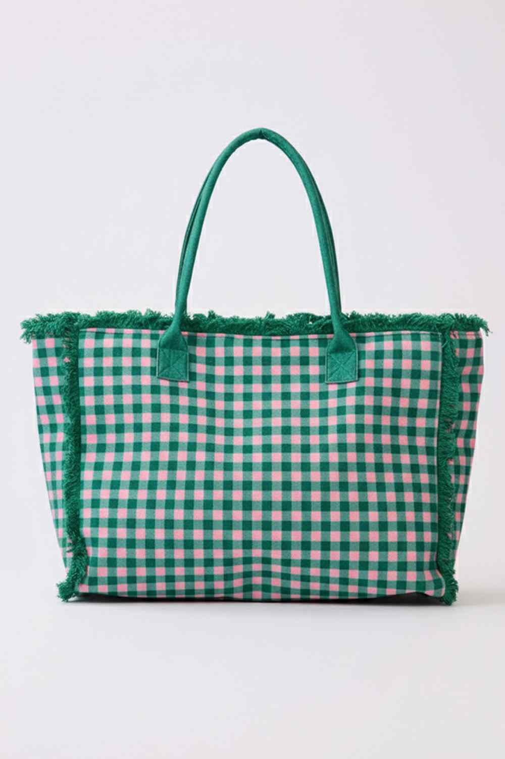 Pink Green Carry your essentials in style with this charming gingham check tote. Featuring a classic black and white pattern with playful frayed trim detailing, it's the perfect everyday companion. Crafted from durable 100% polyester, this spacious bag measures 17.5" x 14" x 5" and includes a secure zipper closure and convenient inner pocket for organized storage. Whether you're heading to the market, office, or weekend getaway, this versatile tote blends functionality with timeless design.