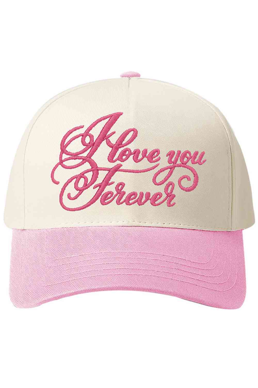 Pink Timeless style meets heartfelt sentiment with this two-tone baseball cap featuring "LOVE YOU FOREVER" embroidered across the front. Crafted from 100% cotton for breathable comfort and durability, this classic cap works for everyday wear, casual outings, or as a meaningful gift. The contrasting color blocking adds modern appeal while the embroidered lettering delivers an emotional touch. One size fits most. Perfect for anyone who wants to wear their feelings.