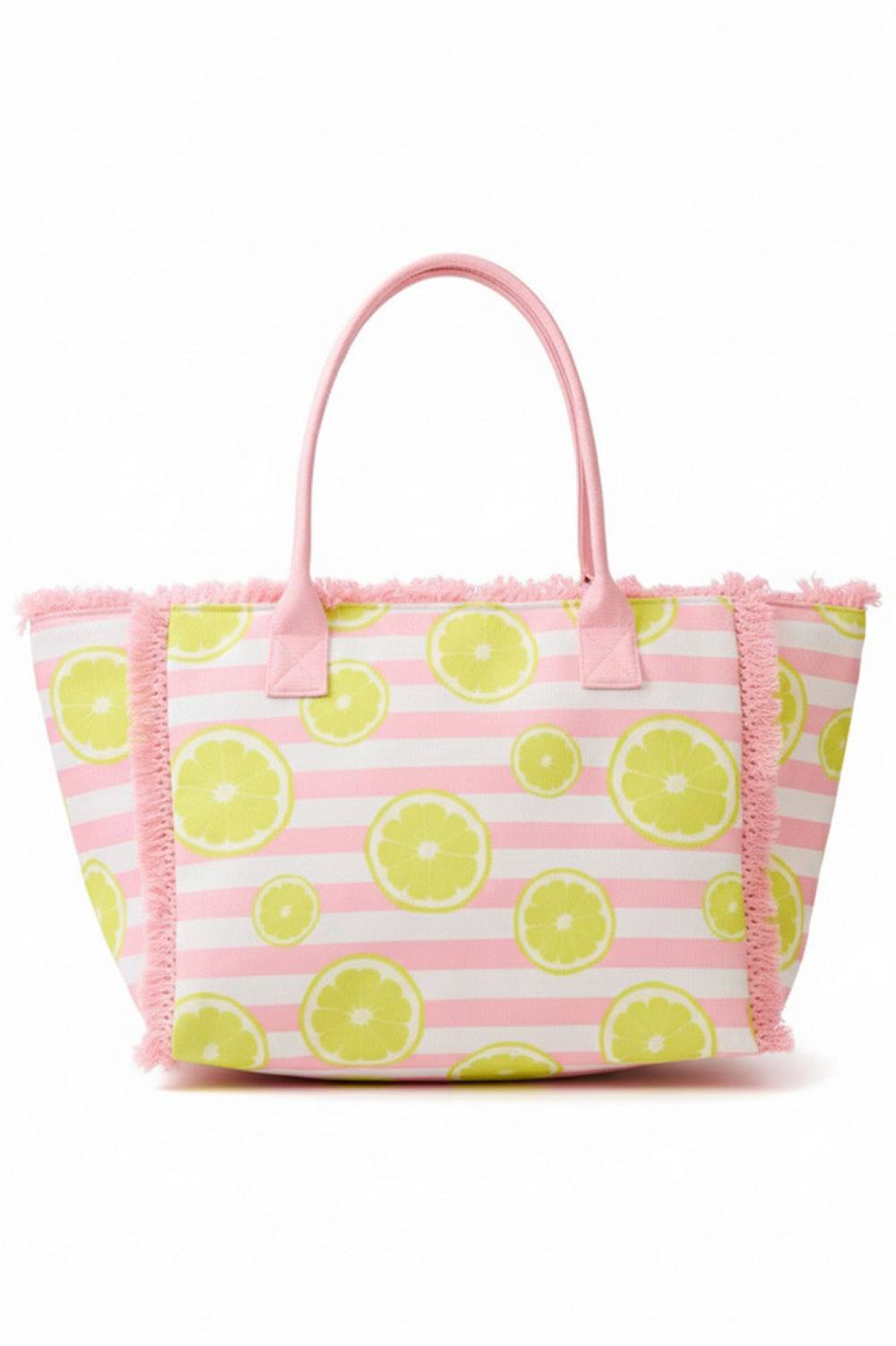 Pink Brighten your day with this cheerful lemon-printed medium tote bag. Featuring a playful stripe pattern and fringe detailing, it combines style with practicality. Crafted from durable 100% polyester, this spacious bag measures 14.5" x 11.5" x 7" and includes a secure zipper closure and convenient inner pocket for organized storage. Perfect for shopping, travel, or everyday use.