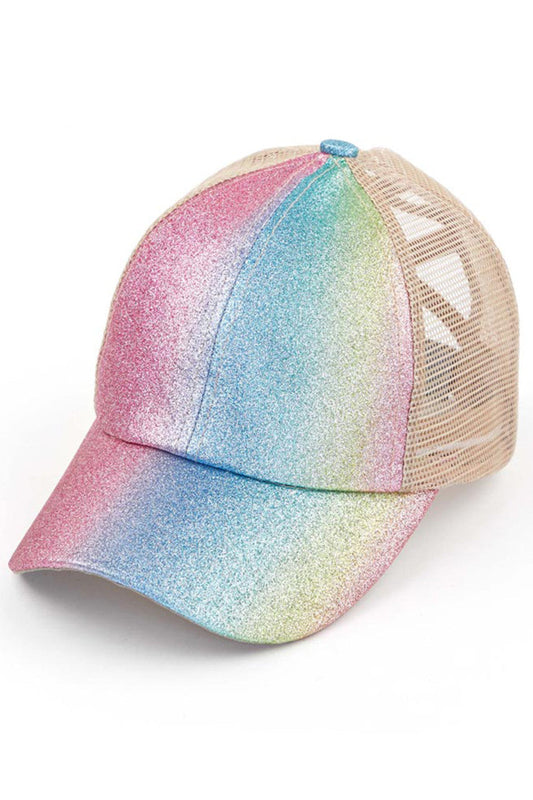 Pink C.C OMBRE GLITTER CRISS-CROSS PONYCAP is the perfect addition to any outfit. Featuring a stylish ombre glitter design and a criss-cross ponytail opening, this cap adds a touch of glam while keeping your hair in place. The ultimate blend of fashion and function.