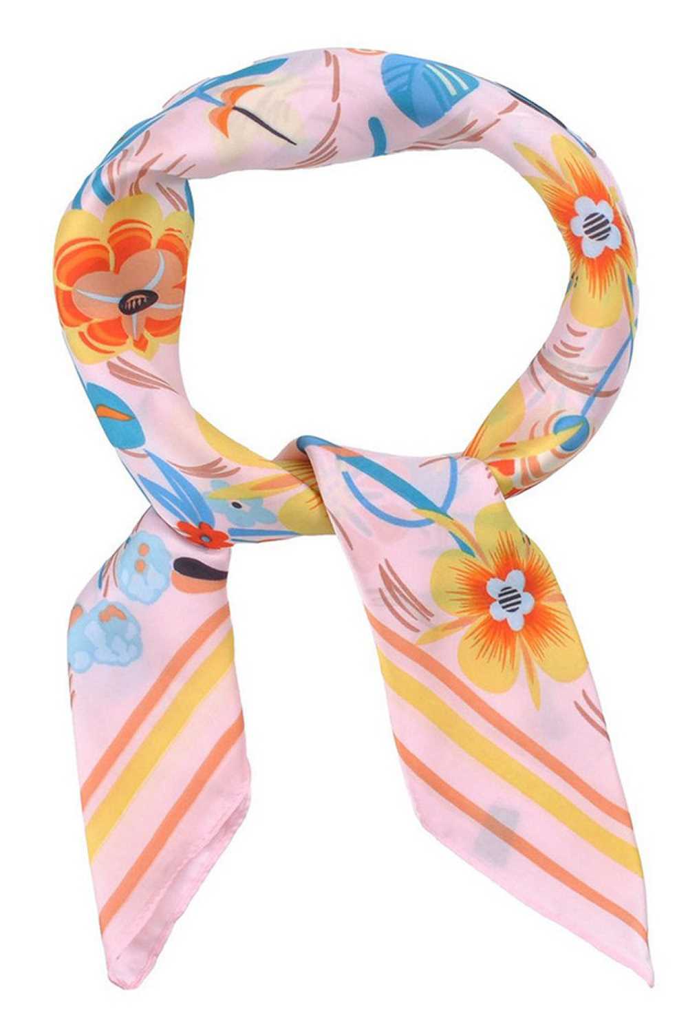 Pink Brighten your summer style with this lightweight bandana scarf featuring vibrant multi-color flowers and playful color-striped edges. Crafted from 100% polyester, it's breathable and perfect for warm weather wear. The generous 27.5" x 27.5" square size offers versatility—wear it as a headscarf, neck wrap, or accessory. Easy to care for and designed for everyday comfort, this cheerful piece adds a pop of color to any outfit.
