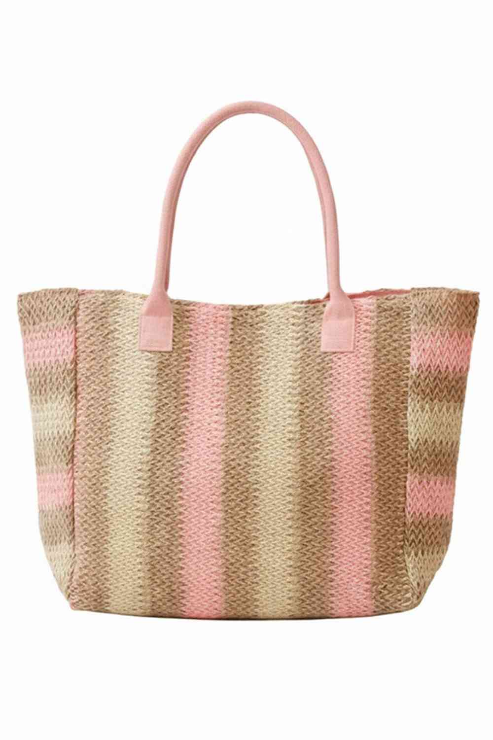 Pink Carry your essentials in style with this Multi Stripe Pattern Natural Brown Straw Tote Bag. Crafted from 100% paper, this spacious bag measures 21" x 14" x 6" and features a vibrant multi-color stripe design against a natural brown base. The magnetic snap closure keeps your belongings secure, while the convenient inner pocket provides organized storage. Perfect for beach trips, shopping, or everyday use.