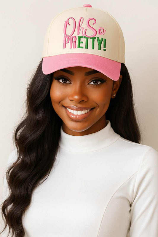 Pink Elevate your casual style with this charming two-tone baseball cap featuring the "OH SO PRETTY" letter design. Crafted from 100% cotton, it offers breathable comfort perfect for everyday wear. The classic one-size-fits-most fit ensures a flattering look for anyone. Whether you're running errands or enjoying outdoor activities, this cap adds a playful touch to any outfit.