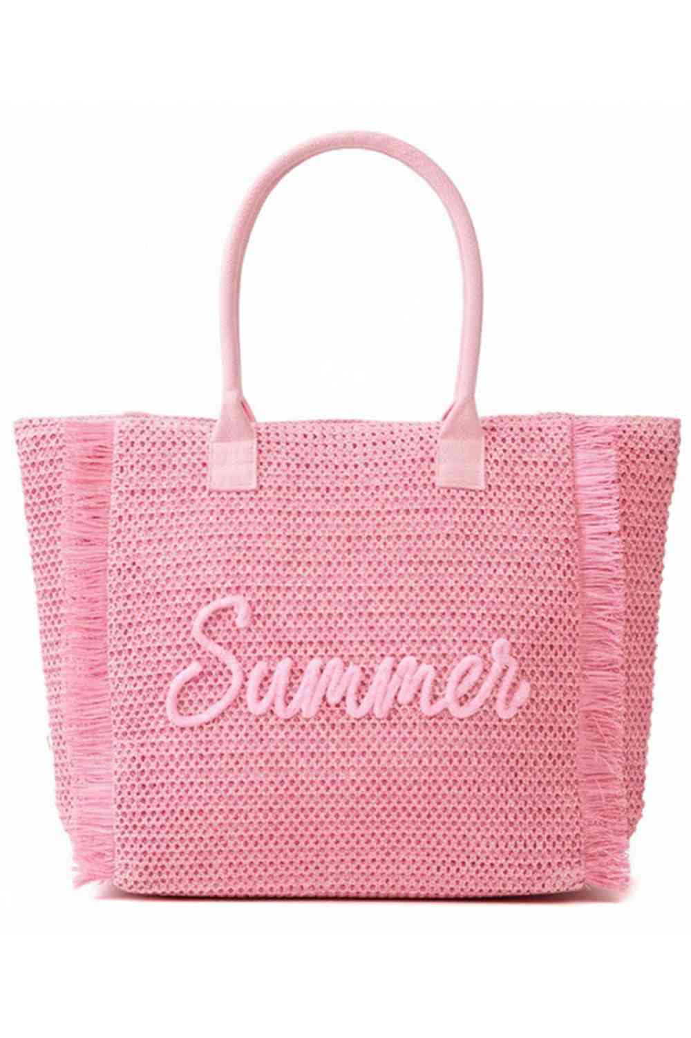 Pink Carry summer in style with this charming woven straw tote. Featuring playful "SUMMER" lettering accented with shimmering gold lurex thread, it's finished with a trendy fringe trim for extra flair. The spacious 13.5" x 14" x 5" design holds all your essentials, while the secure zipper closure and inner pocket keep everything organized. Crafted from 100% paper straw, it's lightweight and perfect for beach days, farmers markets, or casual outings. A versatile accessory that blends function with fun.