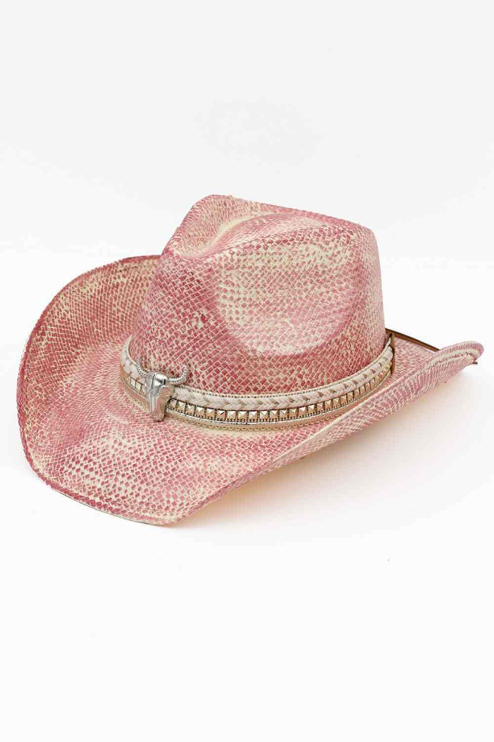 Pink Embrace authentic Western style with this handmade vintage cowboy hat, featuring a striking silver bull head emblem and multi-band design. Crafted from 100% paper, this lightweight hat delivers classic cowgirl charm with a modern edge. Perfect for rodeos, festivals, or everyday wear, it captures the spirit of the Old West while remaining comfortable and breathable. A timeless accessory that stands out from the crowd.