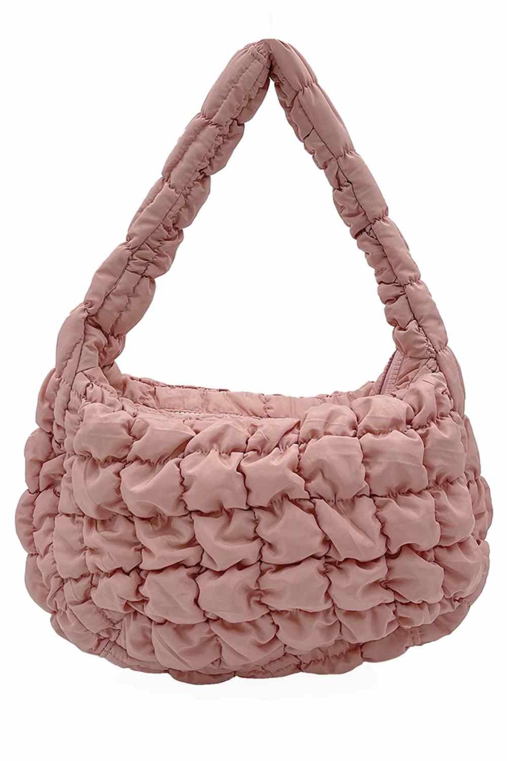 Pink Compact quilted bag crafted from durable 100% polyester with a timeless solid design. Measuring 8.7" x 11.8" x 3.15", it's the perfect size for everyday essentials, travel accessories, or as a versatile organizer. The quilted texture adds visual interest and subtle structure. Ideal for on-the-go convenience with a sleek, minimalist aesthetic that pairs effortlessly with any outfit.