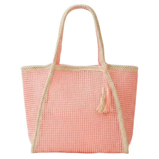 PInk Elevate your summer style with this charming two-tone woven straw tote. Crafted from 100% paper, it combines natural texture with practical design. Measuring 20.5" x 13.5" x 6", it offers ample space for beach days, market trips, or everyday essentials. The magnetic snap closure keeps your belongings secure, while an inner pocket adds convenient organization. Finished with a playful tassel detail, this versatile bag transitions seamlessly from casual to chic.